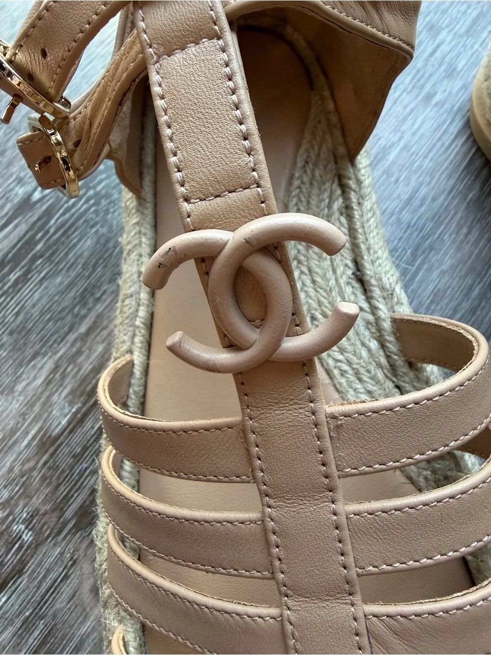 CHANEL Tan Leather Strappy Espadrille Sandals with CC Emblem